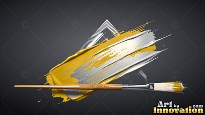 Sweeping across dark gray, yellow and white paint lies behind a thin paintbrush