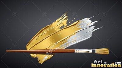 Gold and silver paint strokes behind a paintbrush