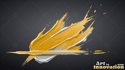 Thick ridges of glossy metallic gold paint sweep across white strokes on a dark gray backdrop