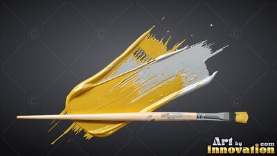 A paintbrush rests across a thick smear of yellow and white paint with glossy highlights
