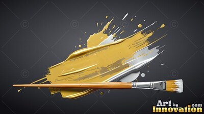 Lying flat on a black surface, a paintbrush rests over thick gold and silver paint smears