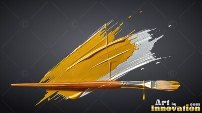 A paintbrush lies across a thick swipe of yellow and white paint on dark gray