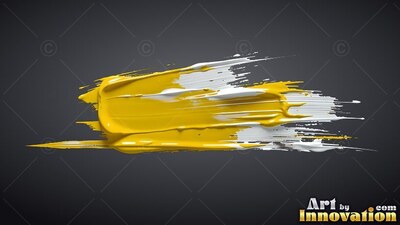 Against a dark gray backdrop, a thick smear of yellow and white paint sweeps across