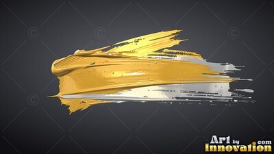 Heavy gold and silver paint stroke on a plain dark gray background