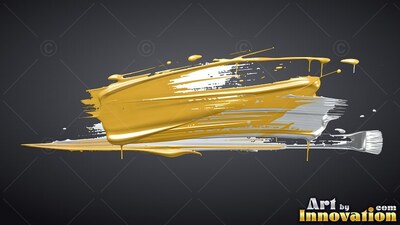 Dripping yellow and white paint sweeps across a dark gray backdrop under soft light