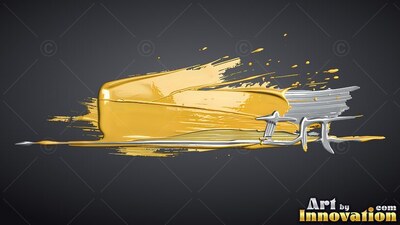 Thick metallic gold paint sweeps across dark gray beside silver brushed letters