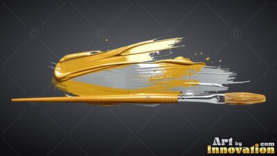 Lying horizontally across a dark backdrop, a paintbrush rests below glossy gold paint strokes