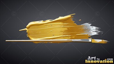 On a deep gray background, a thin paintbrush lies over a thick smear of metallic gold paint