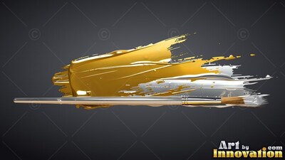 Resting over thick gold and silver sweeps of paint, a thin paintbrush lies flat on dark gray