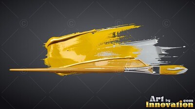A thin paintbrush rests across a smear of yellow paint, reflecting bright white light