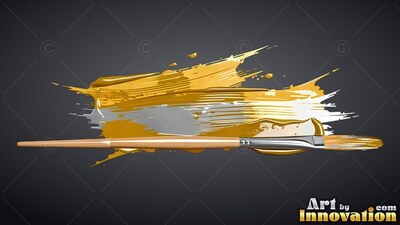 Lying horizontal on a dark gray backdrop, a thin brush rests across gold paint strokes