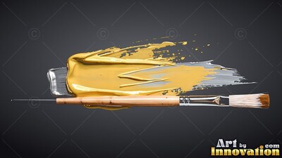 A wooden paintbrush sits below thick streaks of yellow and silver paint on dark gray