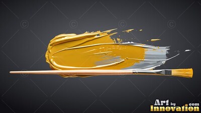 On a dark gray backdrop, a thin wooden paintbrush lies under yellow paint