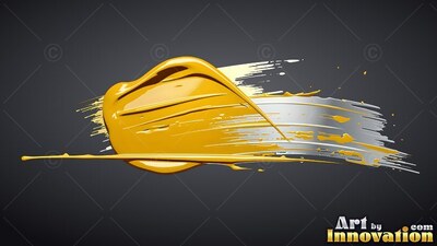 Sweeping over silver brushstrokes, thick glossy yellow paint curves on dark gray