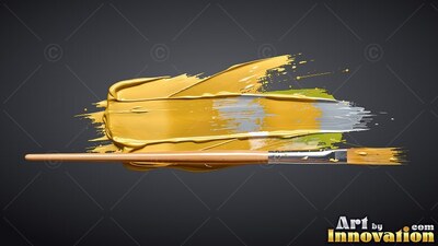 A wooden paintbrush over a thick smear of yellow paint