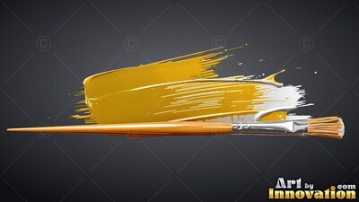 Thick yellow paint spreads behind a slender wooden paintbrush on dark gray