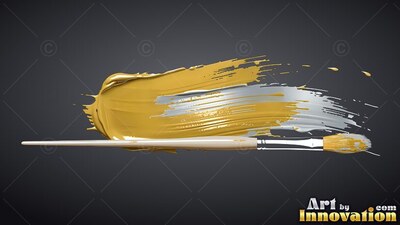 A paintbrush lies across a thick stroke of yellow and silver paint that reflects light