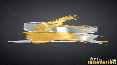 Stretched horizontally along a charcoal background, gold and silver paint streaks