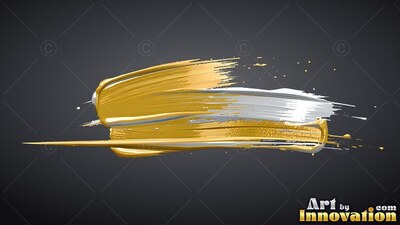 Thick strokes of glossy gold and silver paint layered across a dark background