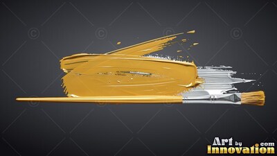 Against a dark backdrop, a paintbrush lies beneath thick yellow streaks of paint