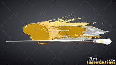 A paintbrush lies under a streak of wet glossy gold paint