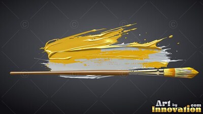 Thick yellow brushstrokes trail across white paint behind a long wooden paintbrush on charcoal background