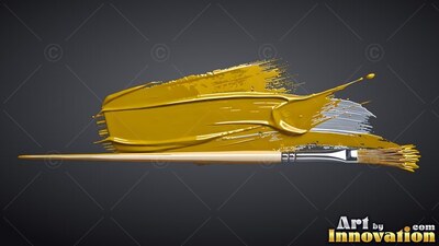 A thin paintbrush lies beneath a thick smear of glossy yellow paint on gray