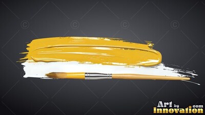 Lying flat on dark gray, a paintbrush rests below a yellow paint stroke
