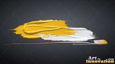 Thick yellow and white paint smeared on a dark background with a brush underneath