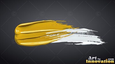 Against a dark gray backdrop, a thick streak of yellow and white paint sweeps across