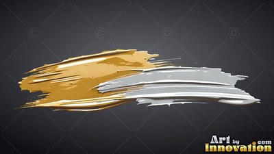 Thick gold and silver brush strokes sweep along a charcoal background