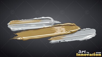 Three thick brushstrokes of wet gold and silver paint sweep over dark gray background