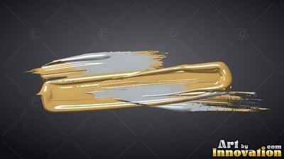 Thick gold and silver paint marks sweep across dark gray, shining with bright highlights