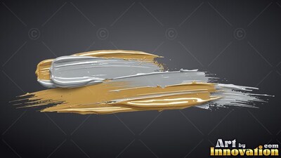 Swept horizontally along a dark gray backdrop, thick gold and silver sweeps of paint
