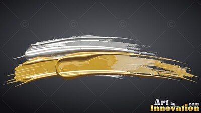 Thick smears of wet gold and silver paint sweep across a dark gray background