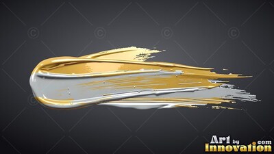 On a dark backdrop, a thick stroke of gold and silver paint spreads across