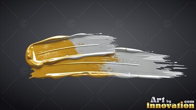 Sweeping across a dark backdrop, thick gold and silver paint forms a long brushstroke