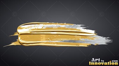 Thick ridges of shiny glossy gold paint sweep horizontally along a dark gray backdrop