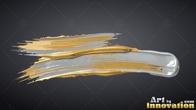 A thick stroke of gold and silver paint sweeps sideways, shining under a direct white light