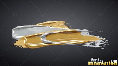 Swept horizontally across dark gray space, broad gold and silver streaks of paint shine