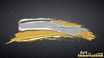 Thick brush strokes of silver and yellow gold paint sweep along a dark gray backdrop