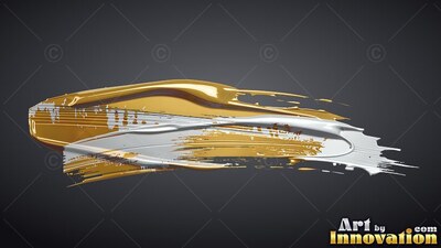 On a plain dark gray background, a thick sweep of gold and white paint stretches horizontally