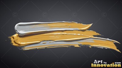 Sweeping sideways, thick streaks of gold and silver paint trail on dark gray