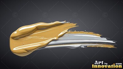 Ridges of glossy yellow and silver paint sweep across a solid dark gray backdrop