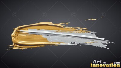 Swept horizontally on a shadowed background, a broad gold and silver paint stroke trails off