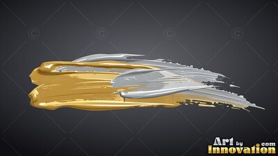 Against a dark background, thick gold and silver paint streaks stretch across