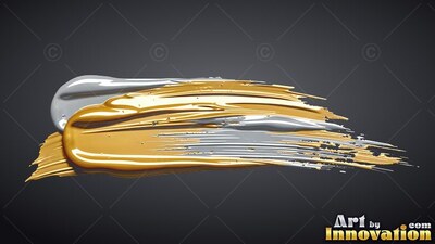 Sweeping across a shadowed background, heavy gold and silver paint forms a layered stroke