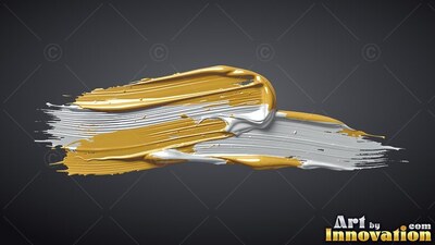 Thick paint sweeps across a dark background with ridges of shiny yellow and silver