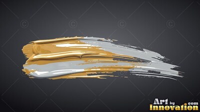 Swept horizontally over a dark gray backdrop, thick gold and silver paint strokes trailing right