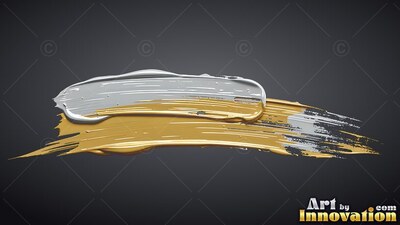 A thick streak of glossy gold and silver paint across a shadowed background